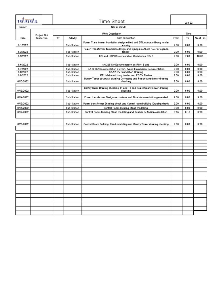 June 2022 Time Sheet for Sub-Station Work | PDF