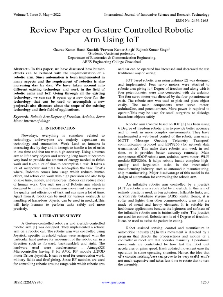 Gesture-Controlled Robotic Arm IoT Review | PDF | Robotics | Internet ...
