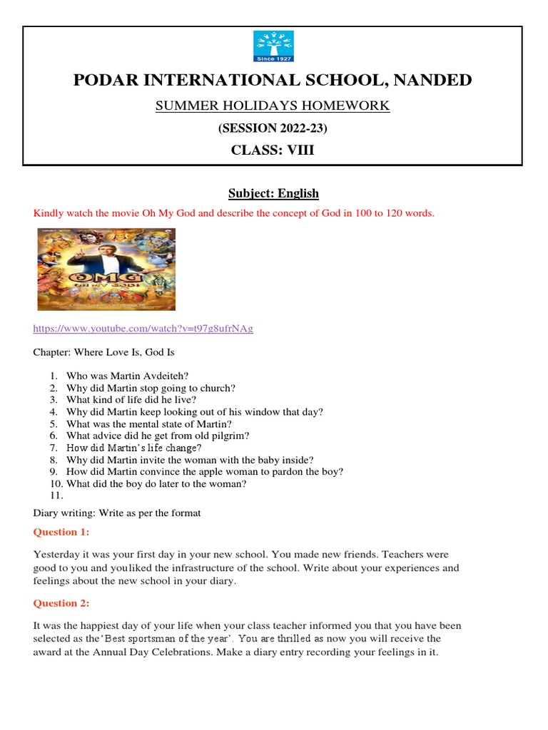 Summer Holiday Homework for Class VIII | PDF | Books