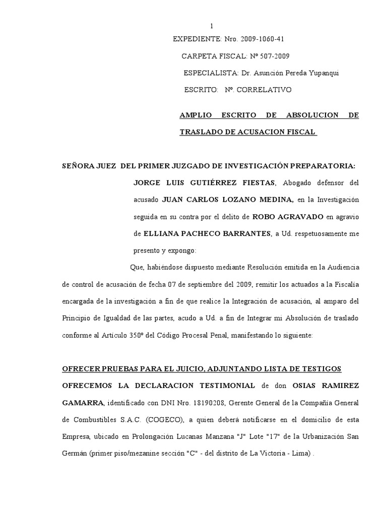 Amplio Escrito de Absolucion de Traslado de Acusacion Fiscal PDF Absolución Ley Pública