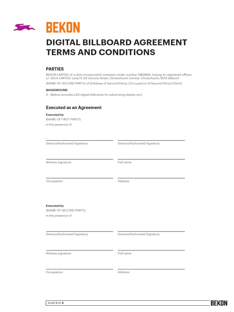 Digital Billboard Agreement Terms and Conditions Parties PDF Legal