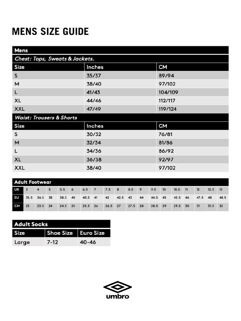 Umbro Size Guide PDF