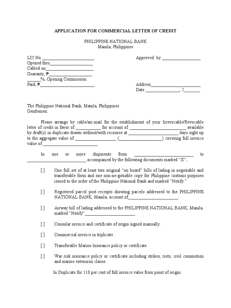 Application For Commercial Letter of Credit | PDF | Letter Of Credit
