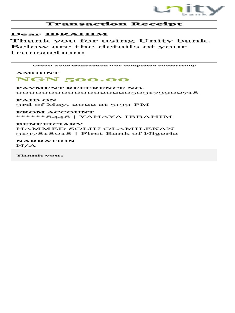 Thank You For Using Unity Bank. Below Are The Details of Your ...