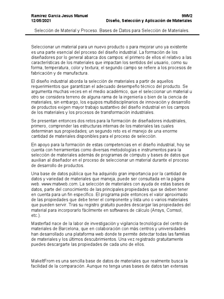 Seleccion de Material y Proceso. Bases de Datos para Seleccion de ...