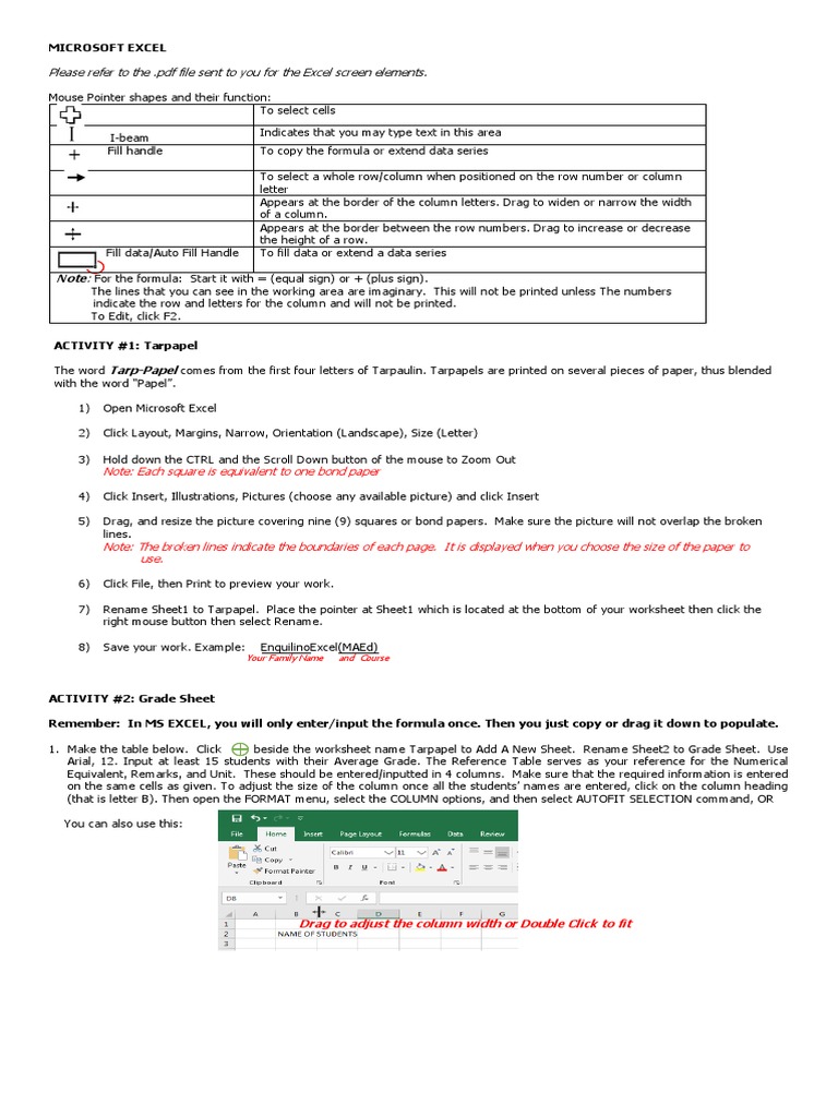 Please Refer To The .PDF File Sent To You For The Excel Screen Elements ...