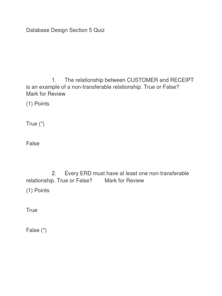 Database Design Section 5 Quiz PDF Data Management Computing