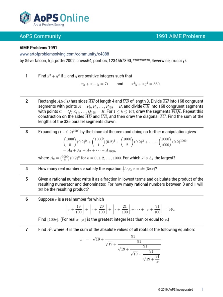 Aops Community 1991 Aime Problems PDF Area Mathematical Objects