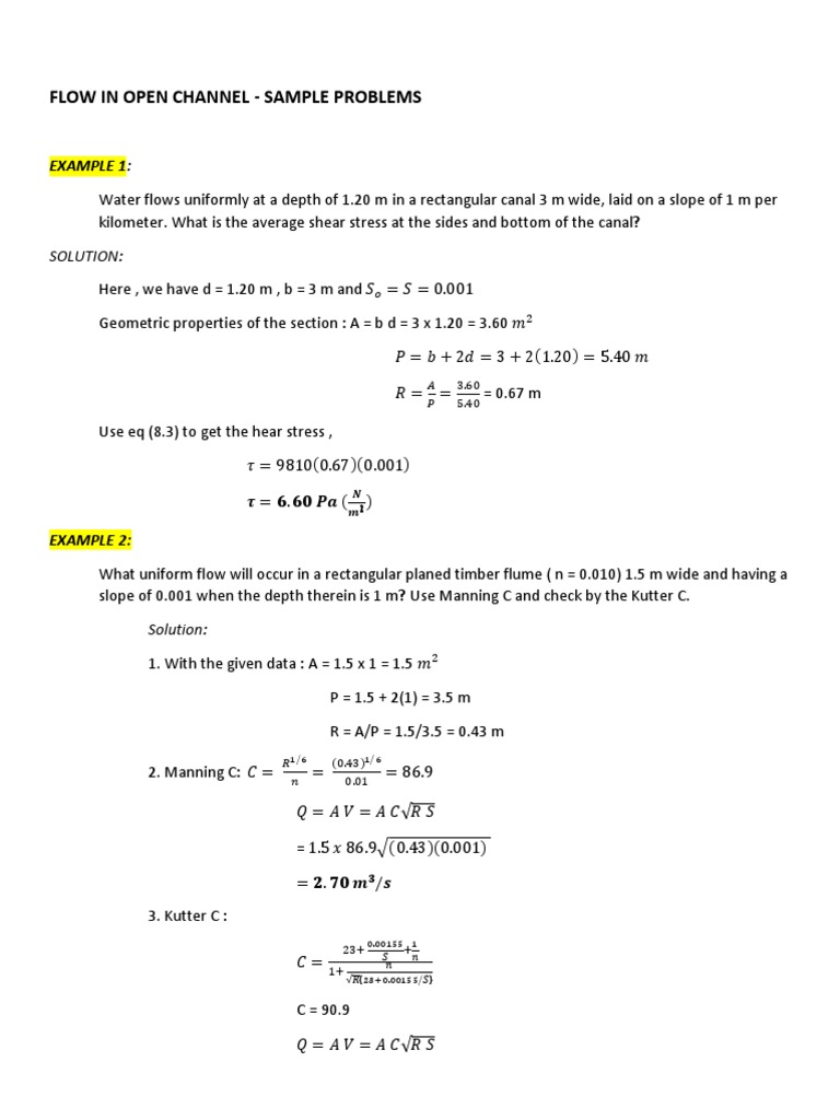 Open Channel Flow Problem Solutions | PDF | Applied And ...