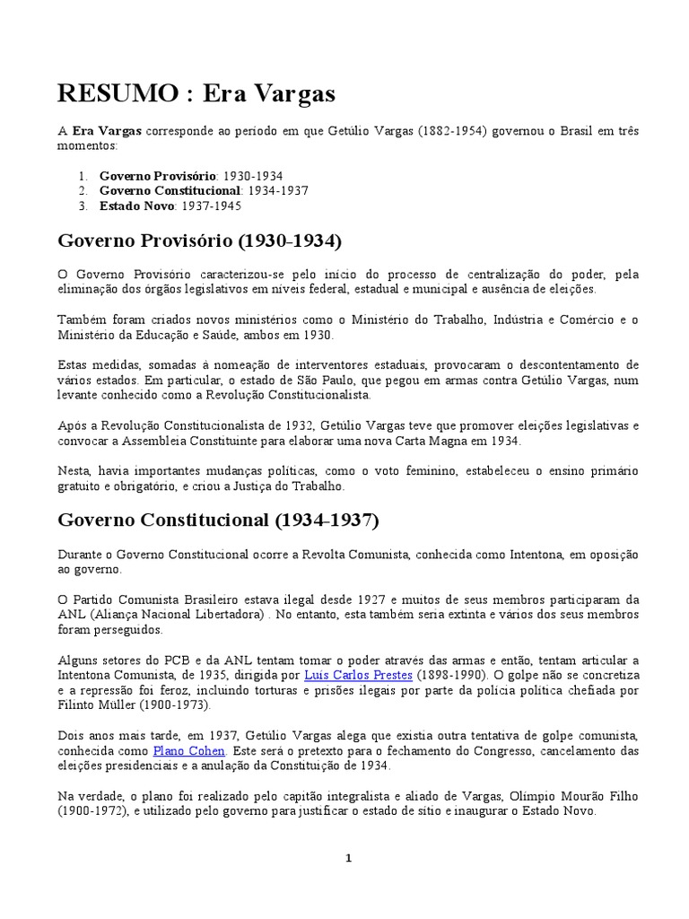 Resumo Sobre A Era Vargas | PDF | Brasil | Governo