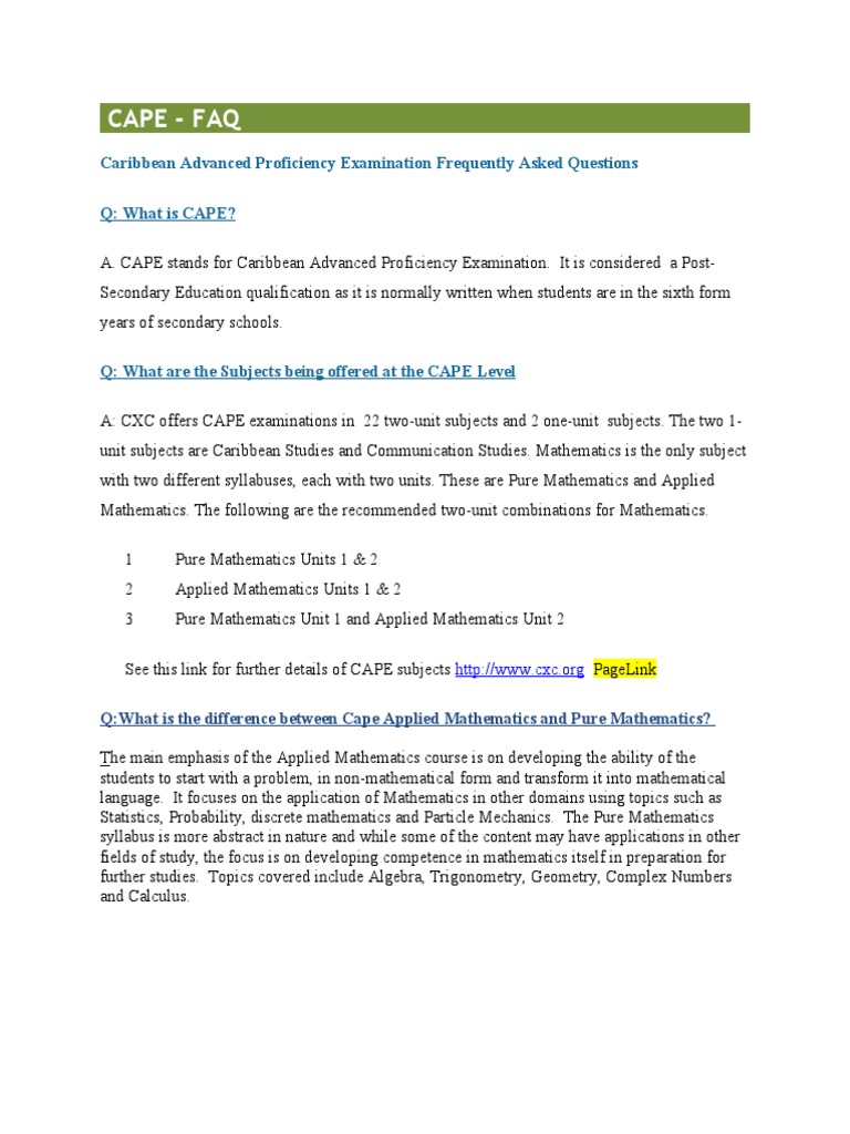 CAPE Exam Overview and Pass Grades | PDF | Mathematics | Applied ...