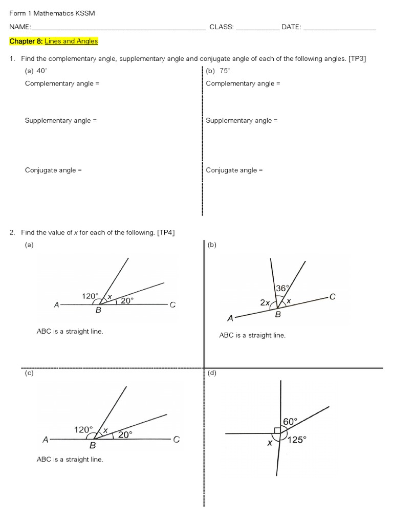 Lines and Angles: Form 1 Exercises | PDF | Perpendicular | Angle