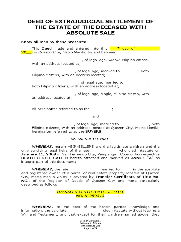 Extrajudicial Settlement and Sale Deed | PDF | Title (Property) | Justice