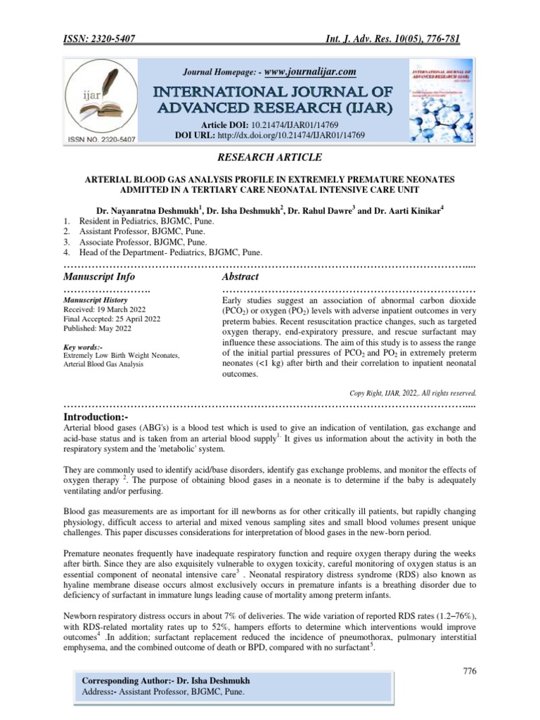 Arterial Blood Gas Analysis Profile in Extremely Premature Neonates