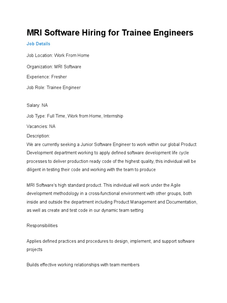 MRI Software Hiring For Trainee Engineers | PDF | Software | Software ...