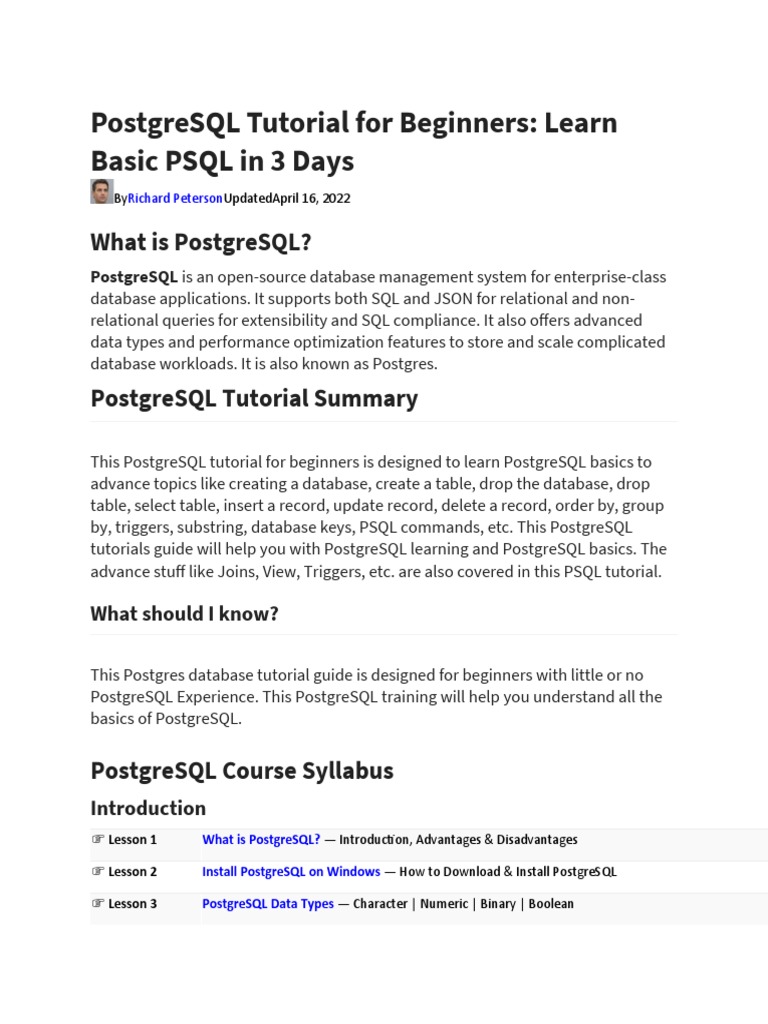 Postgresql Tutorial For Beginners: Learn Basic PSQL in 3 Days | PDF ...