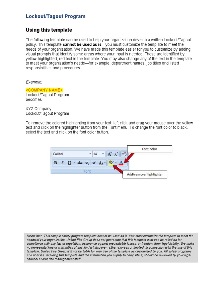 Using This Template Lockout/Tagout Program PDF Safety