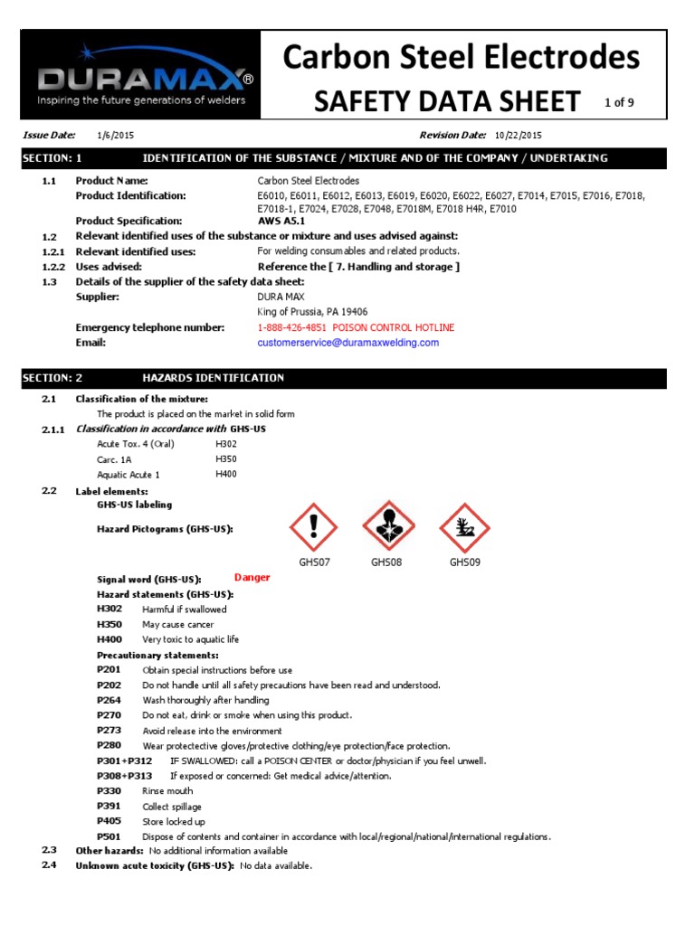 Carbon Steel Electrodes Safety Data Sheet PDF Magnesium Welding