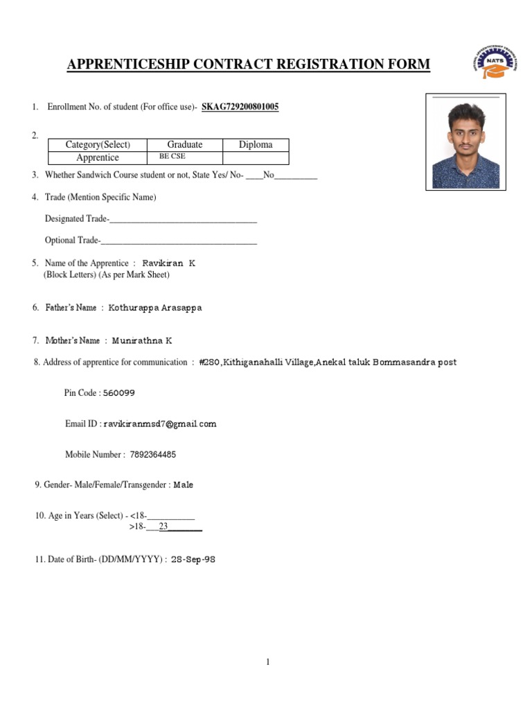 Apprenticeship Contract Registration Form | PDF | Apprenticeship
