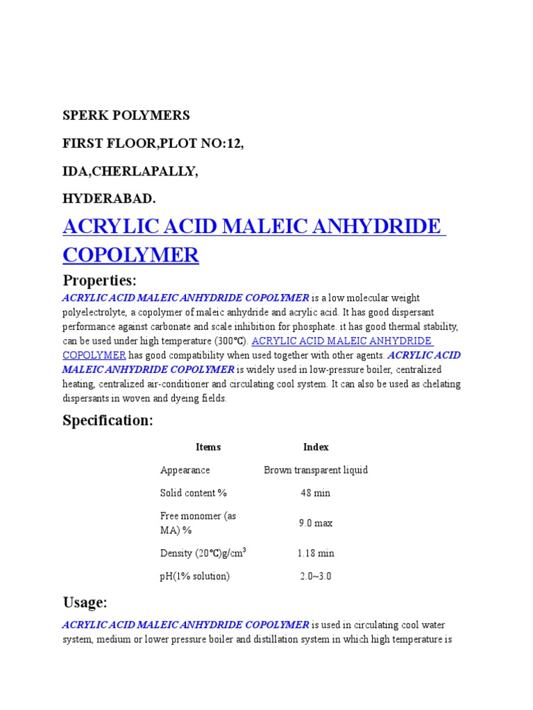 Acrylic Maleic Anhydride Copolymer Guide | PDF | Corrosion | Water