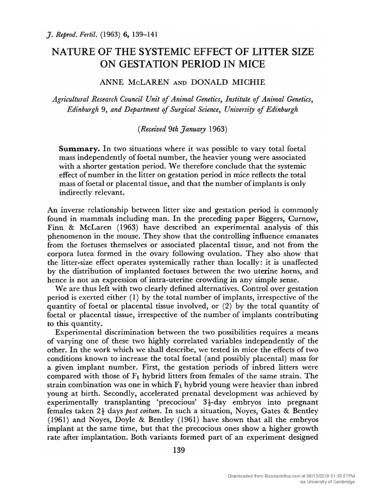 (14717899 - Reproduction) NATURE OF THE SYSTEMIC EFFECT OF LITTER SIZE