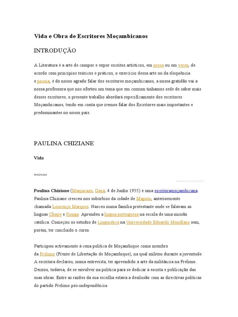 Vidas e Obras de Destacados Escritores Moçambicanos PDF