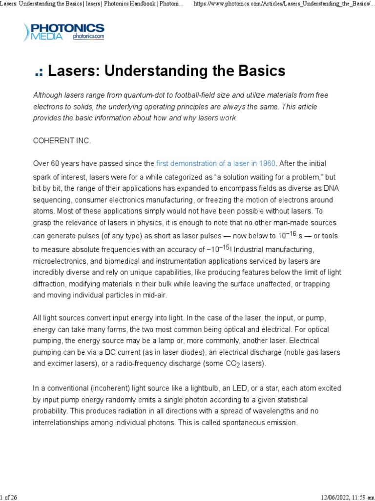 Lasers Understanding The Basics Lasers Photonics Handbook Photonics