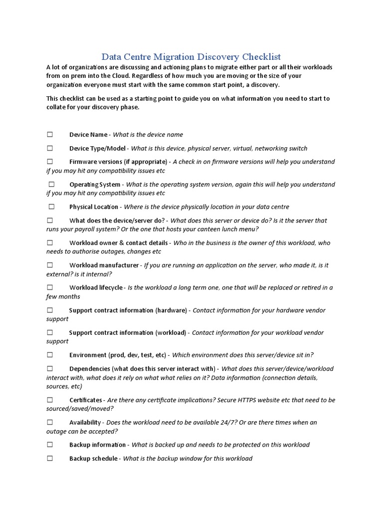 Datacenter Migration Discovery Checklist | PDF | Backup | Cloud Computing