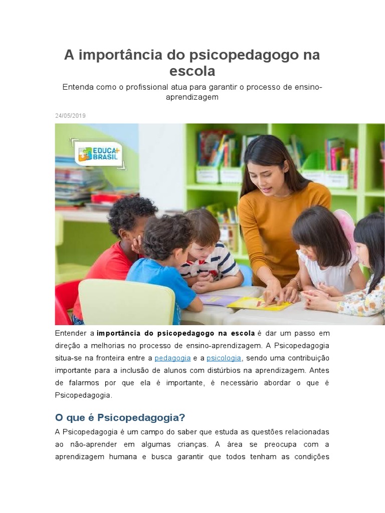 A Importância Do Psicopedagogo Na Escola | PDF | Aprendizado | Escolas