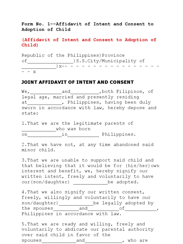 Affidavit of Intent and Consent to Adoption of Child