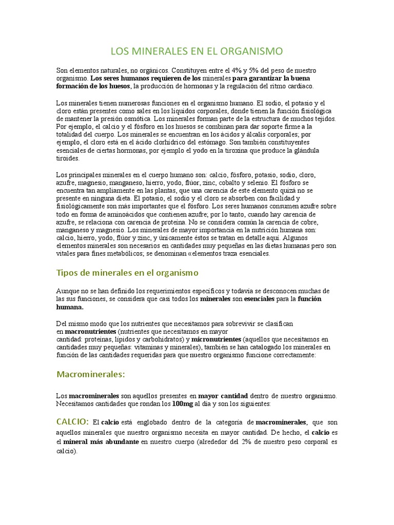 Minerales Esenciales para el Cuerpo | PDF | Calcio | Dieta y nutrición