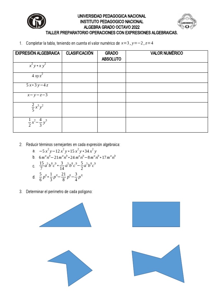 Taller de Expresiones Algebraicas 8° | PDF | Formas geométricas ...