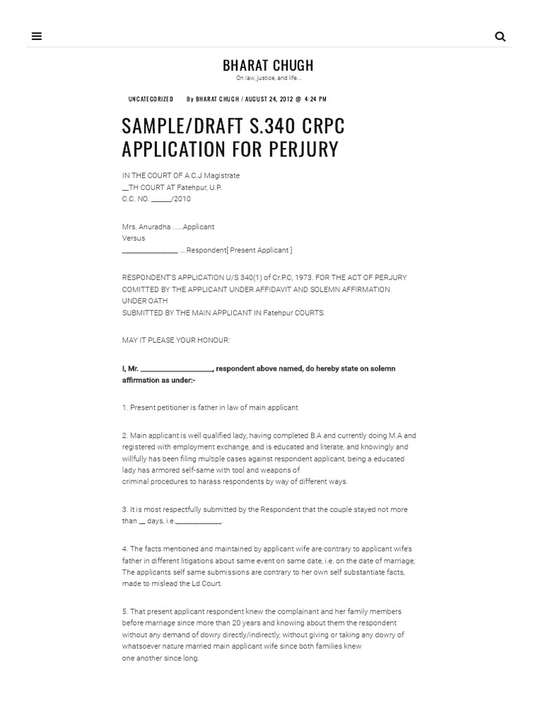 Sample Draft S.340 CRPC Application For Perjury Bharat Chugh PDF