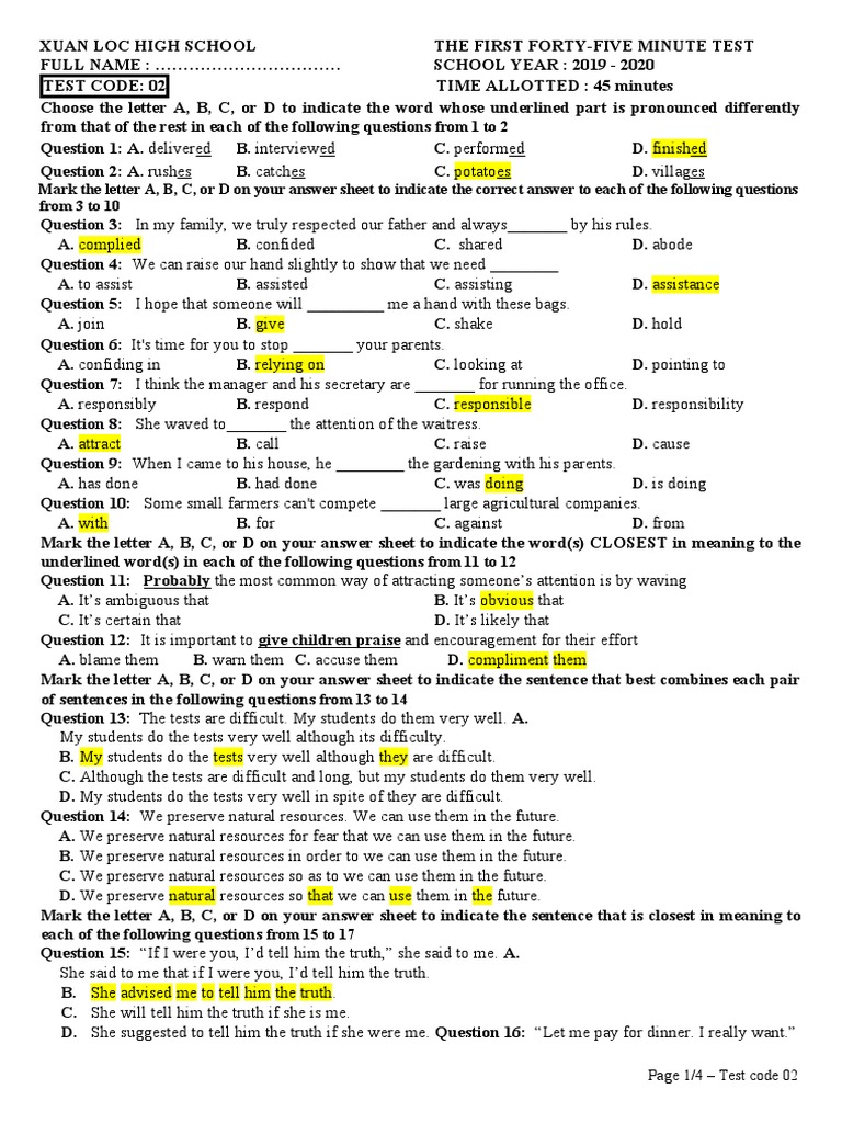 From 1 To 2: Page 1/4 - Test Code 02 | PDF