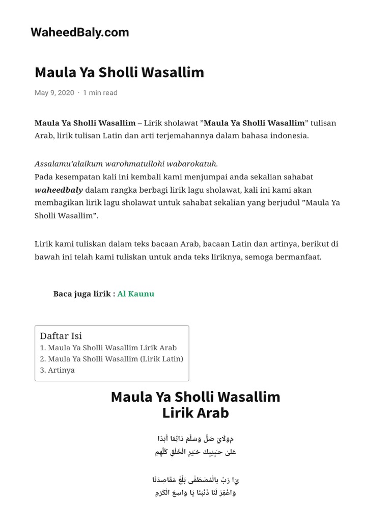 Maula Ya Sholli Wasallim Lirik Arab Latin Dan Terjemahannya Pdf