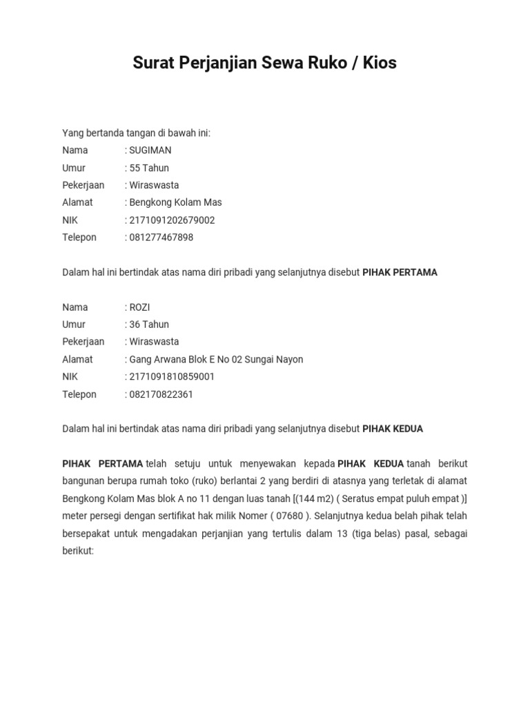 Surat Perjanjian Sewa Ruko 5 Tahun | PDF