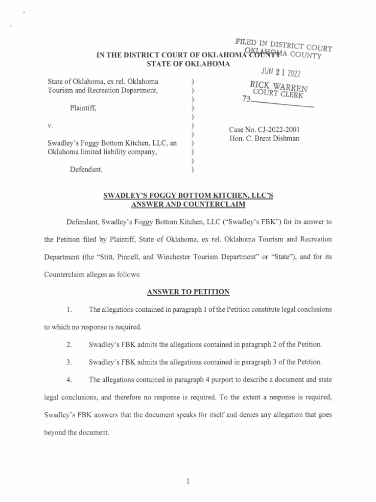 Swadley's Foggy Bottom Kitchen Counterclaim PDF