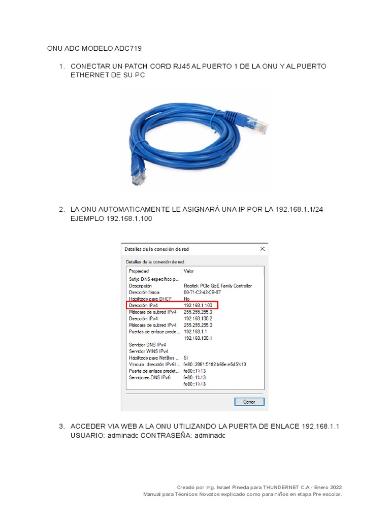 Guía de Configuración ONU ADC719 | PDF | Dirección IP | Edad de información