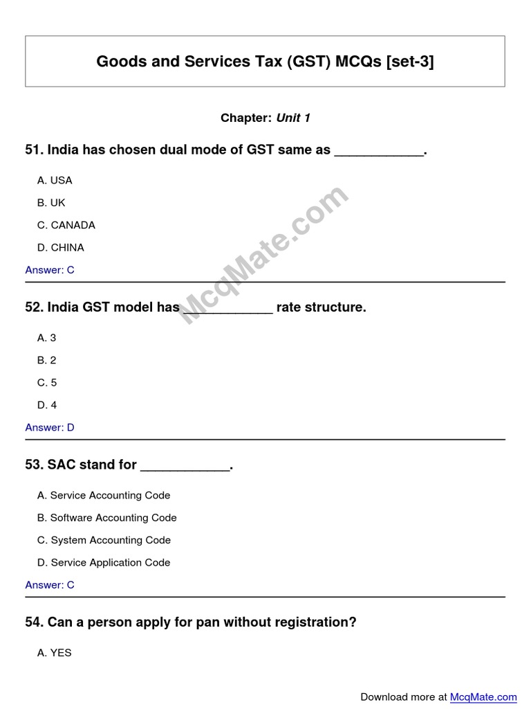 GST MCQs Set 3: Questions & Answers | PDF | Trade | Public Law