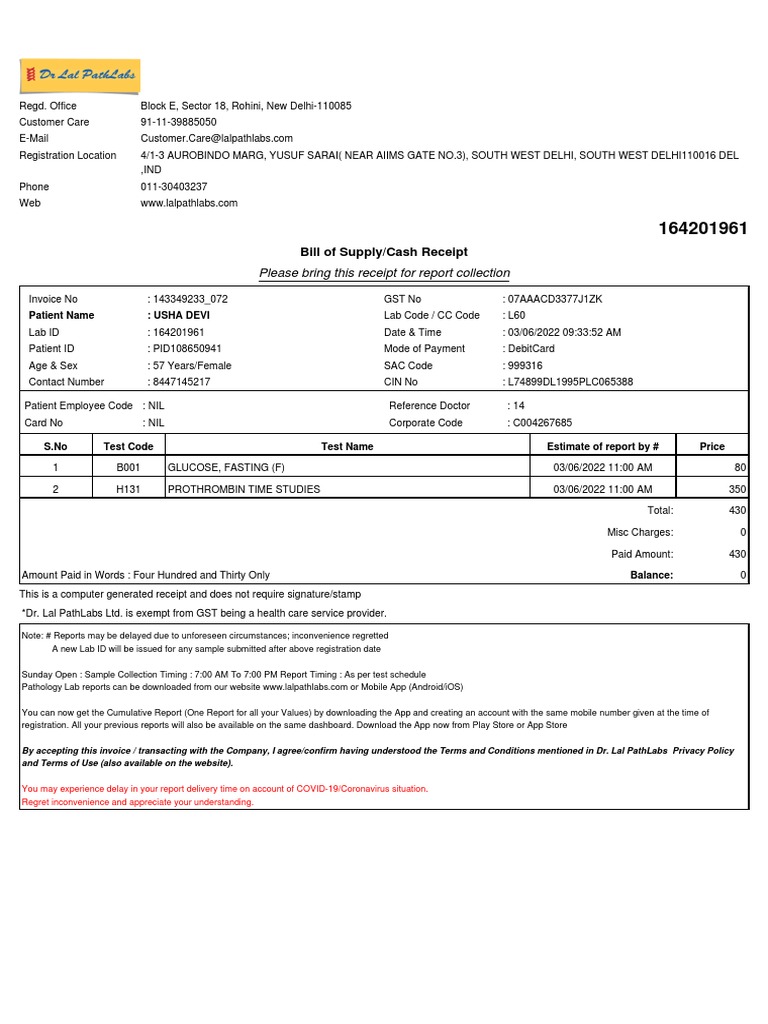 Lal PathLabs Invoice and Receipt Details | PDF | Mobile App | Receipt