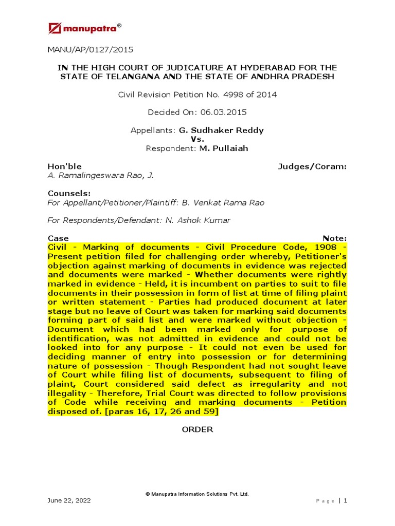 G Sudhaker Reddy Vs M Pullaiah 06032015 HYHC | PDF