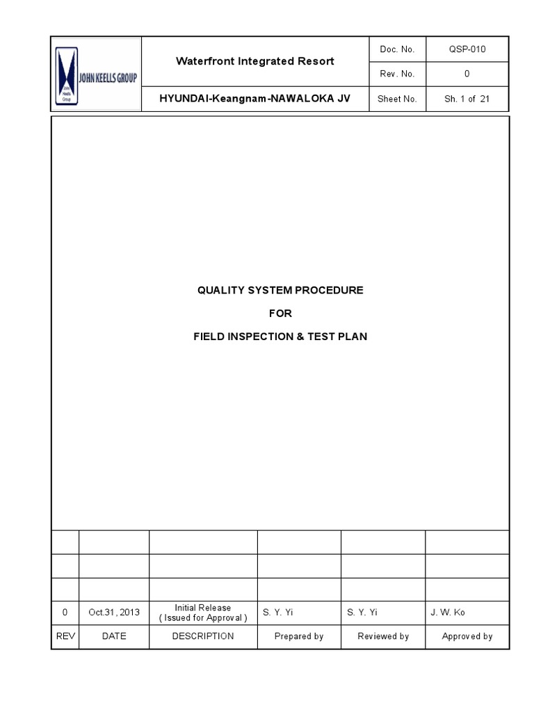 QSP010 R0 QSP For Field Inspection & Test Plan PDF Specification