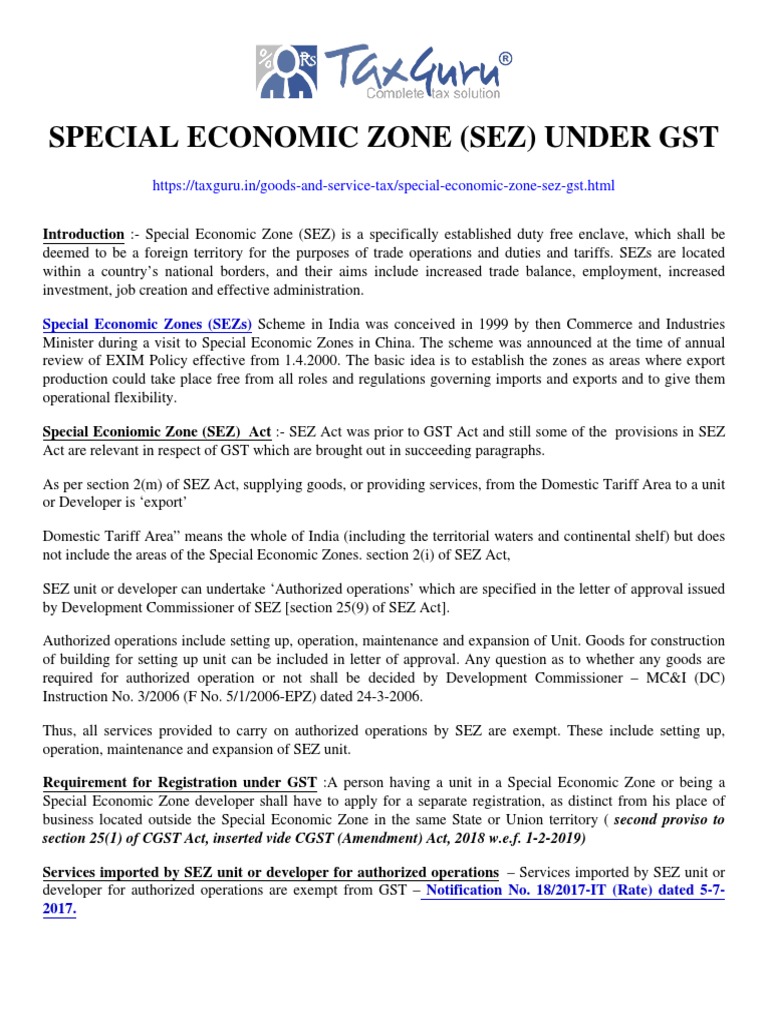 SEZ Under GST: Key Regulations and Exemptions | PDF | Value Added Tax ...