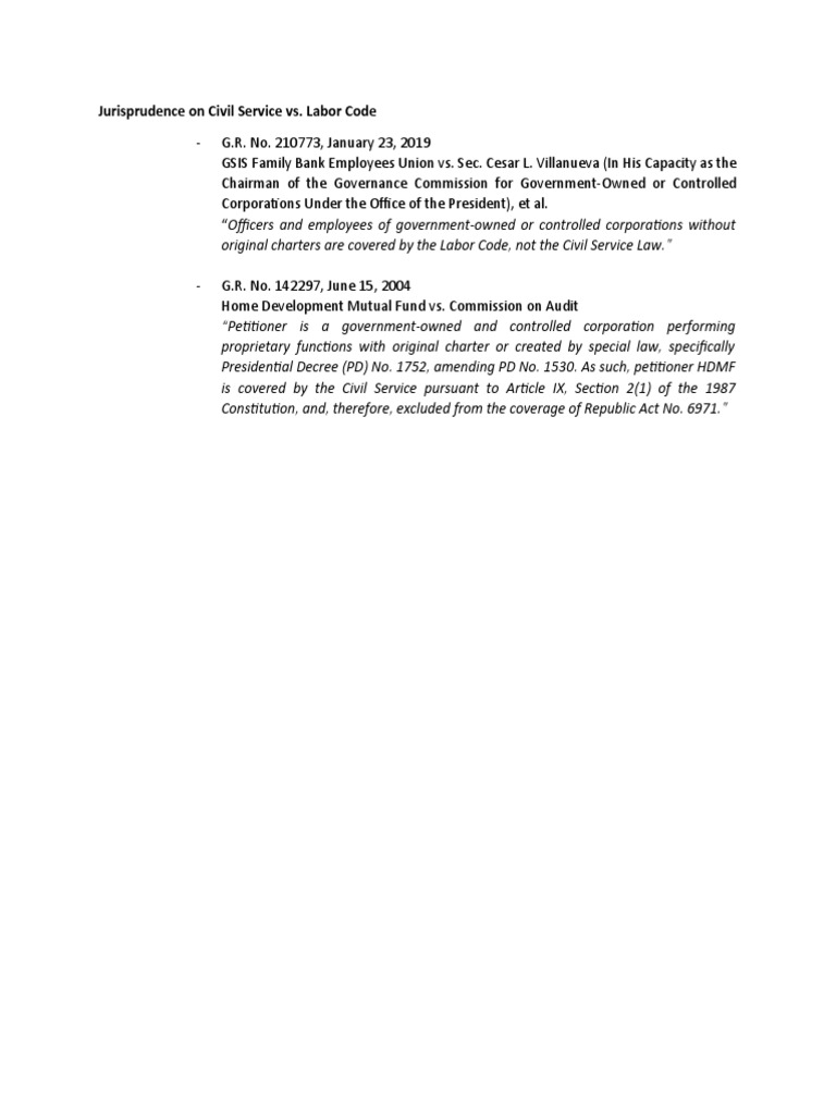 Jurisprudence Civil Service vs. Labor Code PDF