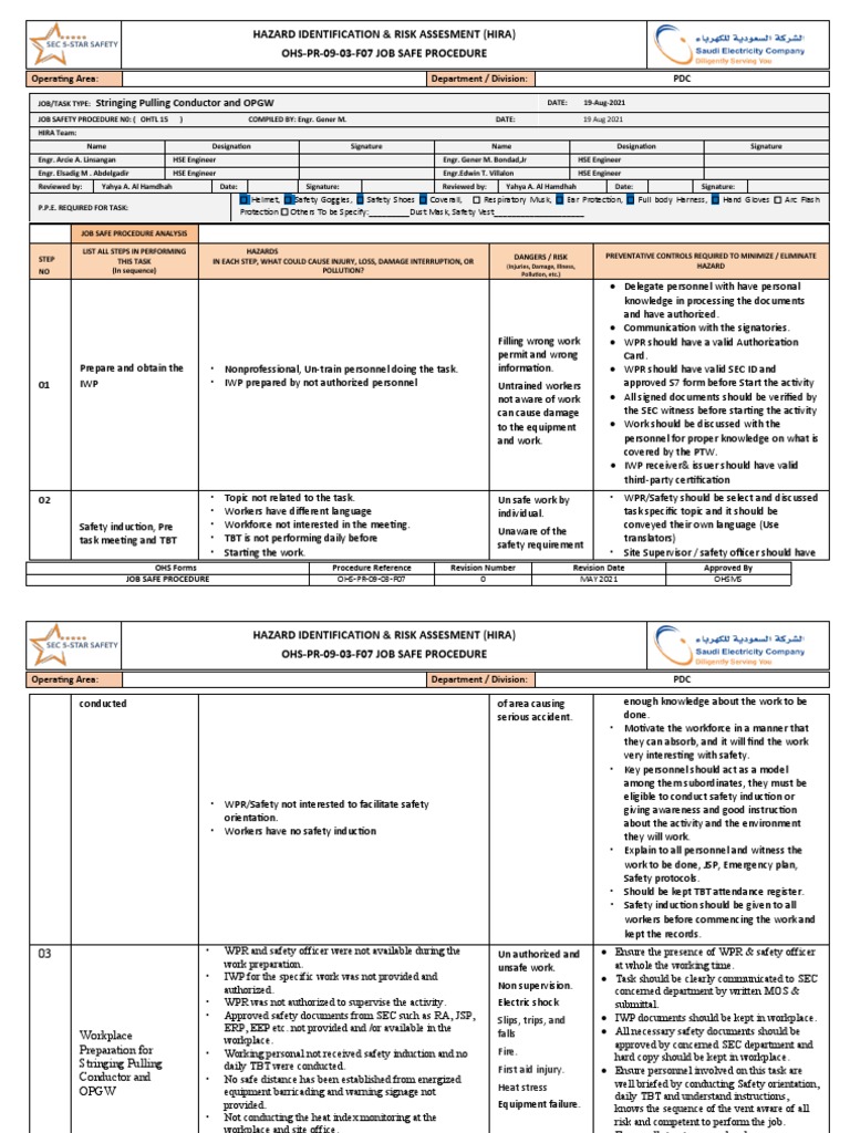 OHS-PR-09-03-F07 JOB SAFE PROCEDURE (15) Stringing Pulling Conductor ...