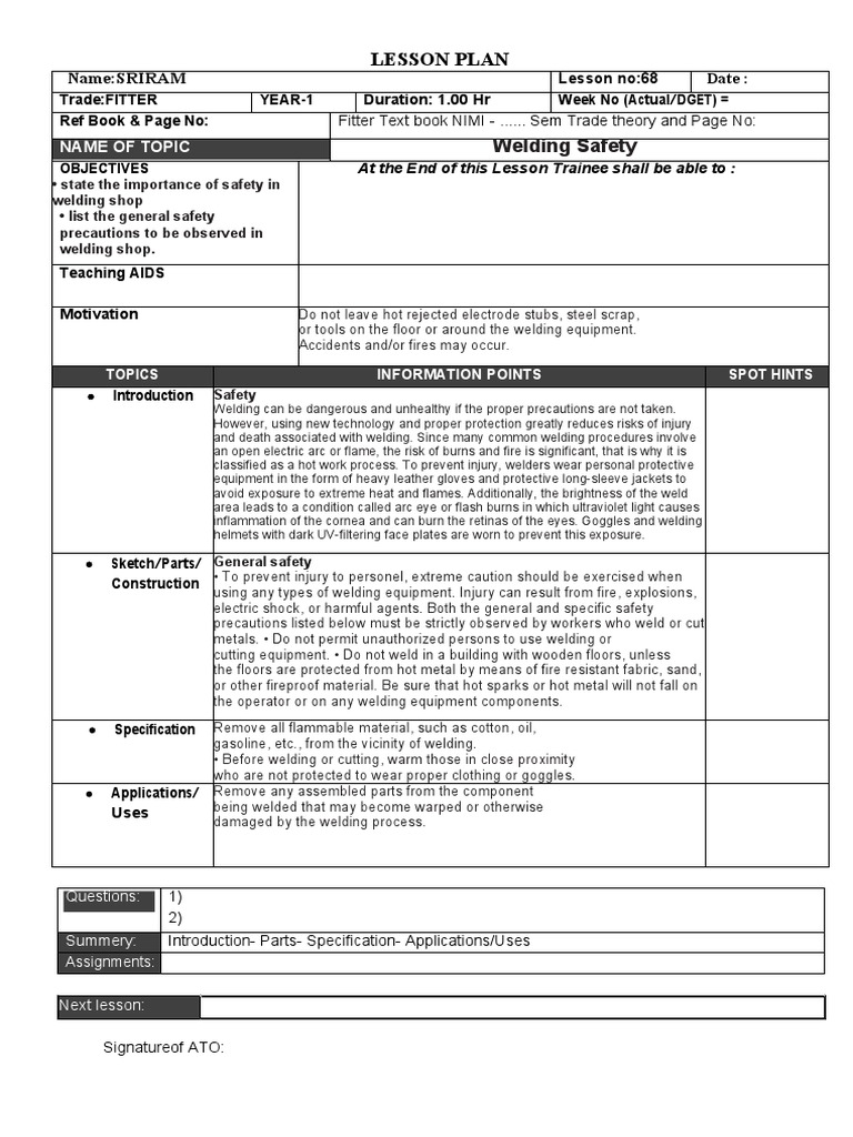Lesson Plan Welding Safety PDF Welding Construction