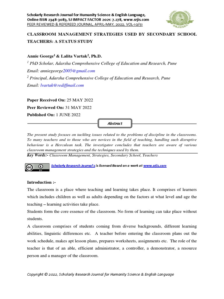 Classroom Management Strategies Used by Secondary School Teachers: A ...