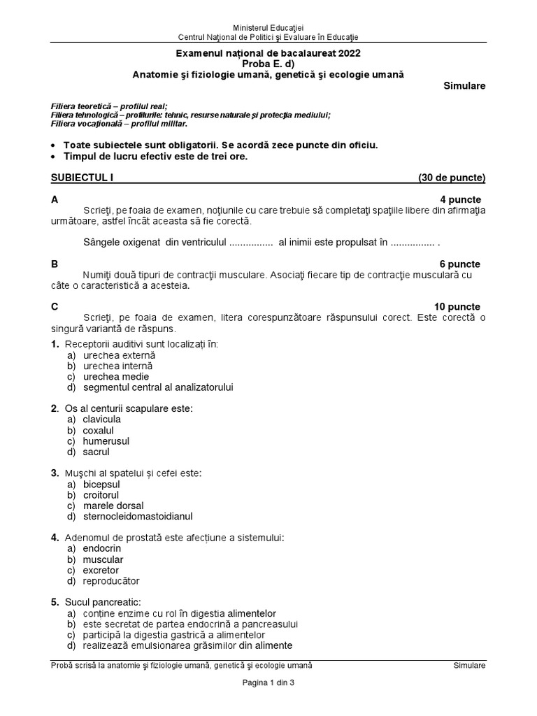 BAC 2022 - Ce Subiecte Au Picat La Biologie + Baremul de Corectare | PDF