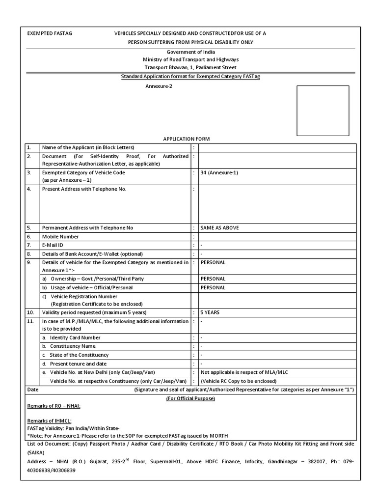 standard application format for exempted category fastag annexure 1