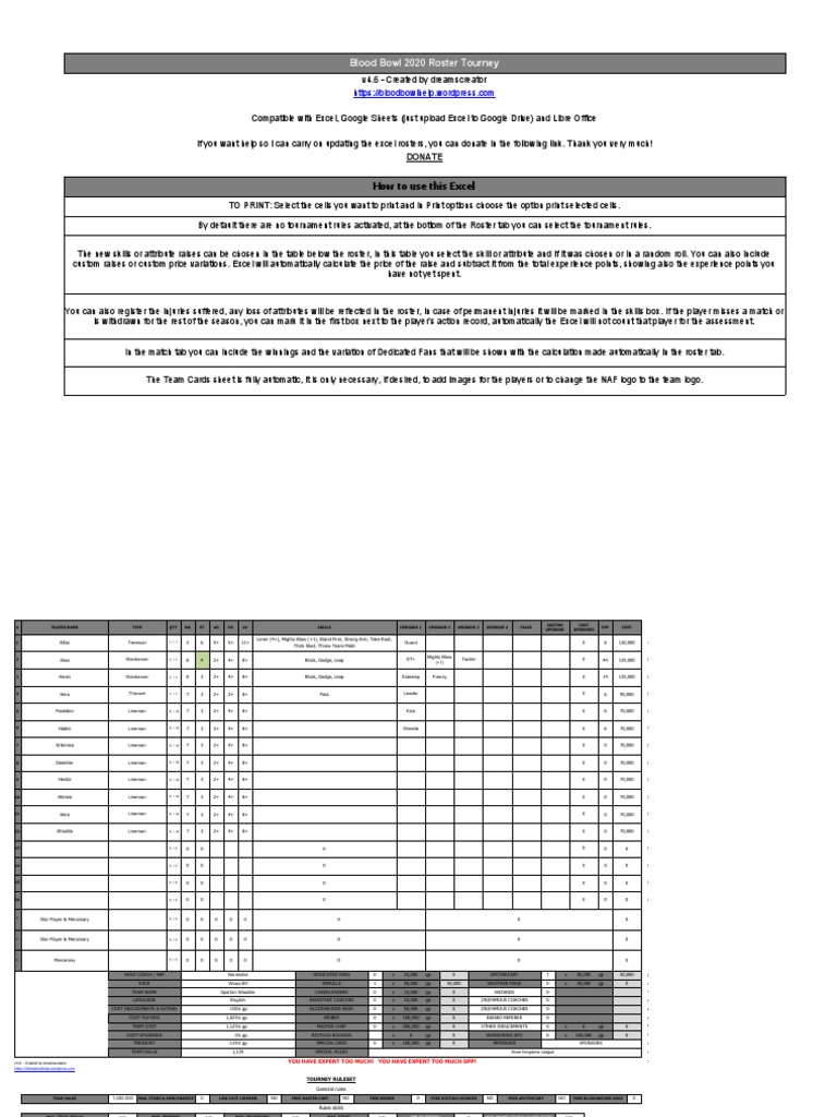 Blood Bowl 2020 Roster Tourney: How To Use This Excel | PDF | Microsoft ...